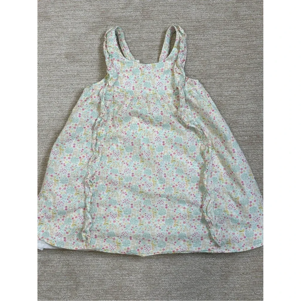 Shabby Chic Floral Bunny Pinafore Ruffle Dress Girls Size 6 Swiss Dot Sundress